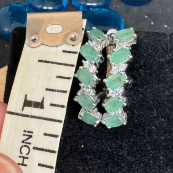 Emeralds and CZ set in Sterling Silver 1” pierced  earrings - Picture 4 of 5